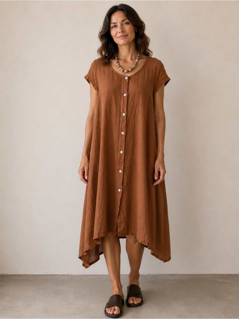 Bryn Walker - 100% Linen Button Front Swing Oversized Fit Dress - Cognac Brown